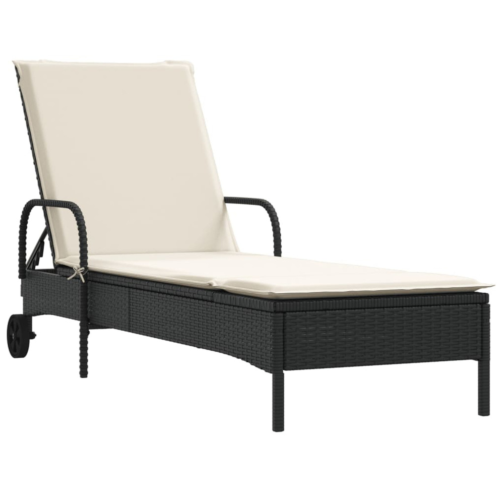 Chaise longue avec roues et coussin noir résine tressée bain de soleil