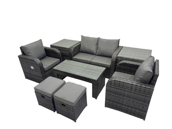 Salon de jardin avec chaise inclinable table basse 2 tables d'appoint 2 petits tabourets gris foncé mixte