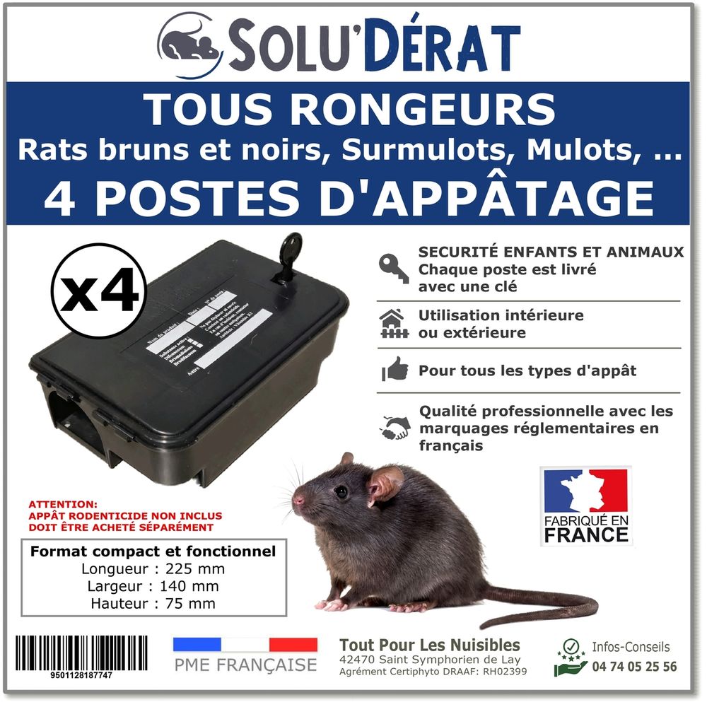 SOLU'DERAT - Postes d'appâtage sécurisés et professionnels pour rats et autres rongeurs- lot de 4 postes/stations
