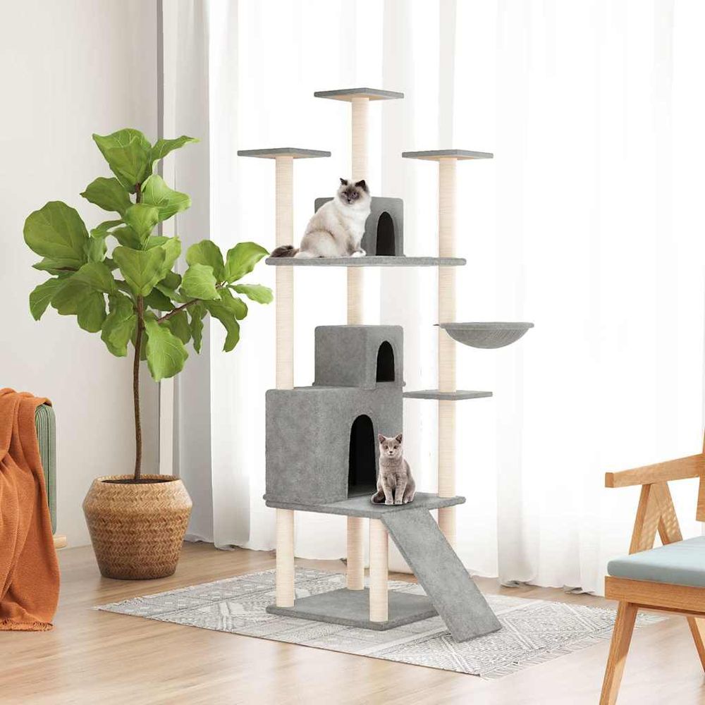 Arbre à chat gris clair hamac triple niche 175cm pour multi-chats stable