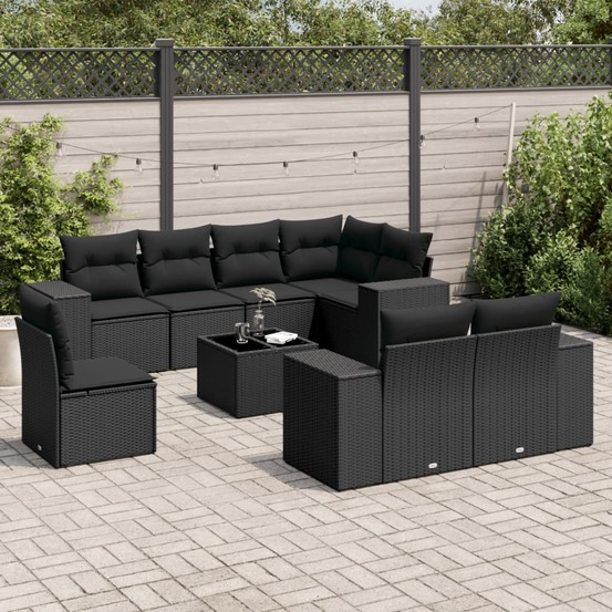 Salon de jardin 9 pcs avec coussins noir résine tressée