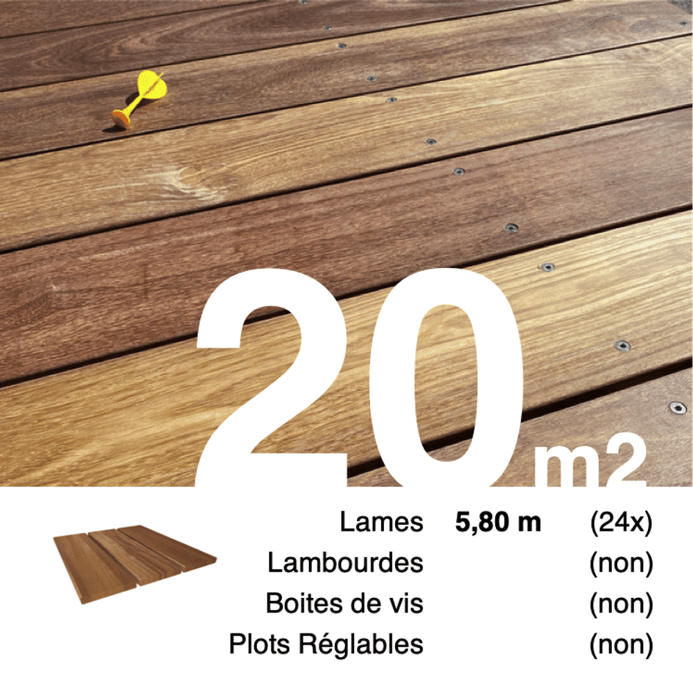 Planches de terrasse bois exotique cumaru pour 20 m², longueur 5,8 m.