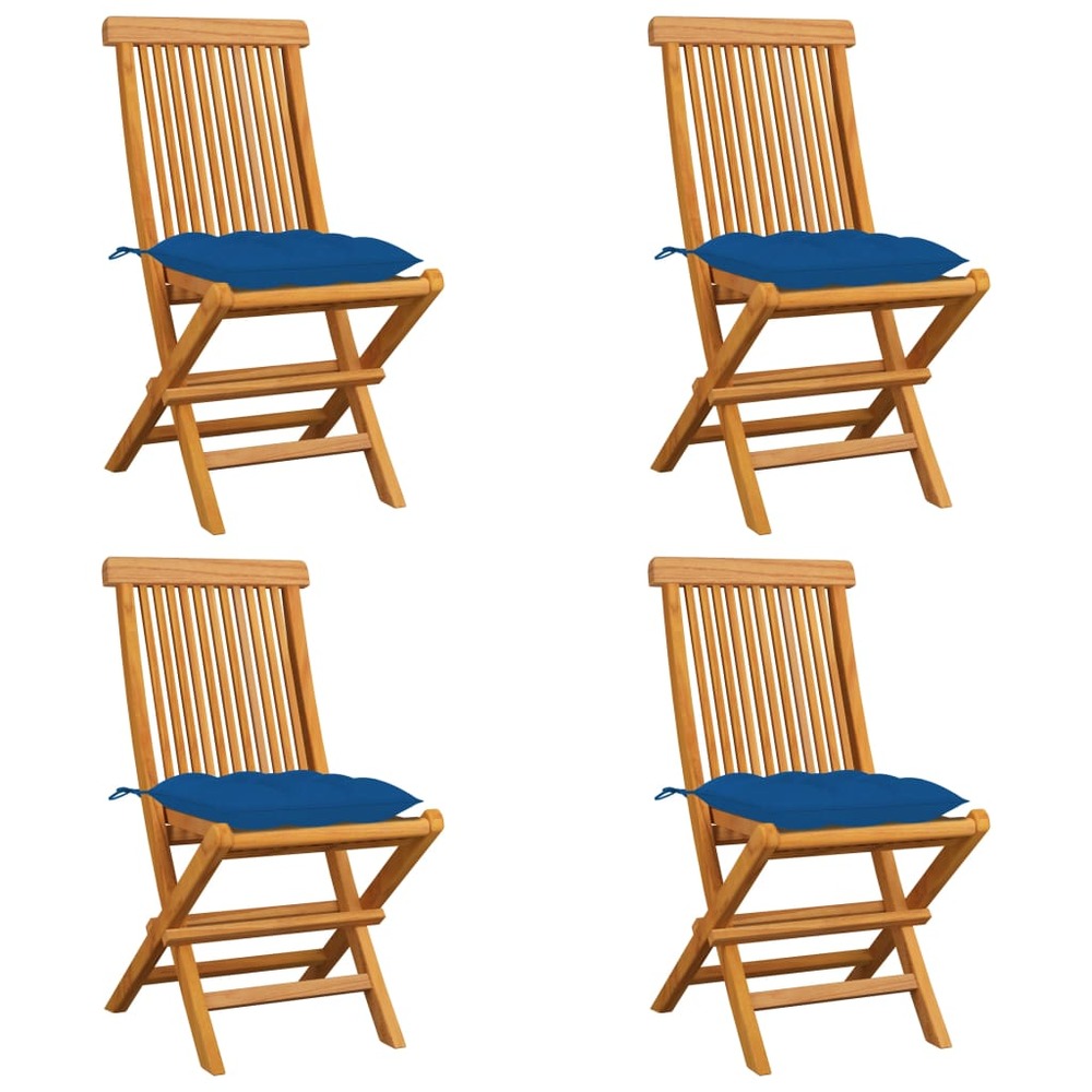 Chaises de jardin avec coussins bleu 4 pcs bois de teck massif