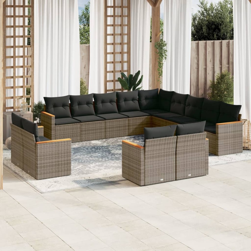 Salon de jardin avec coussins 13 pcs gris résine tressée