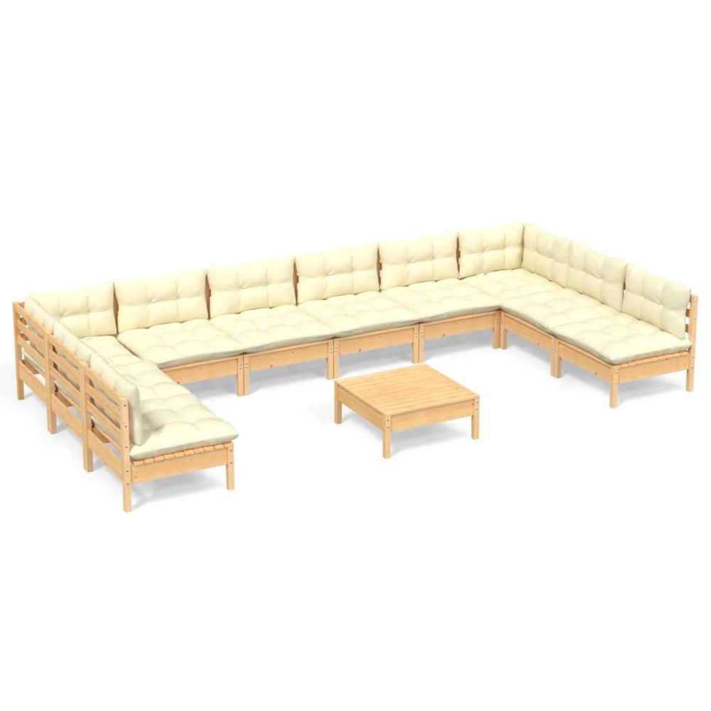 Salon de jardin 11 pcs avec coussins crème bois de pin solide