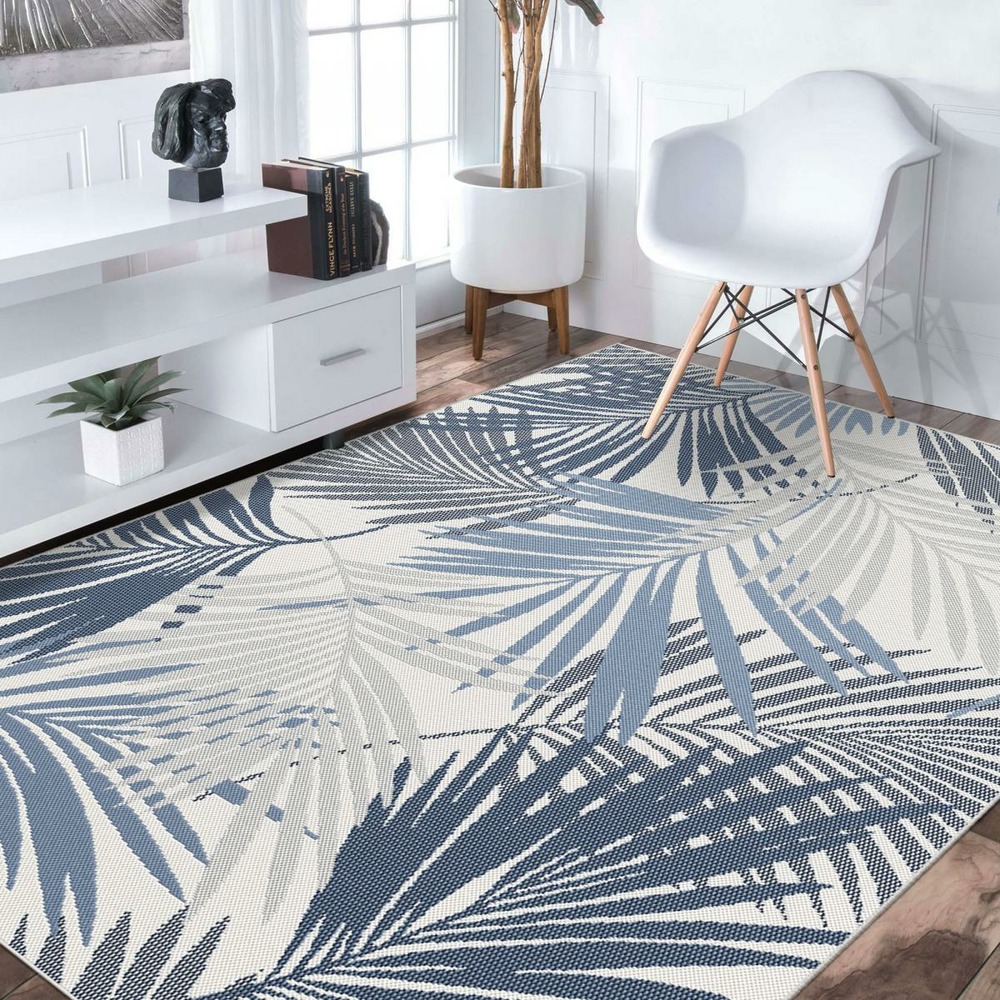 Tapis extérieur 80x150 tissé kilim gris et bleu casada 15