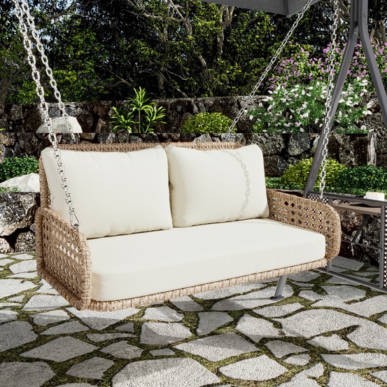 Balancelle suspendue double pour 2 personnes, avec coussins et chaînes, en rotin pe, coussins déhoussables et lavables, beige