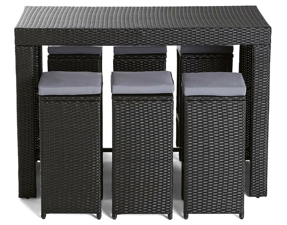 Yoana – ensemble table haute et tabourets de jardin en résine noir - 6 places - coussins gris