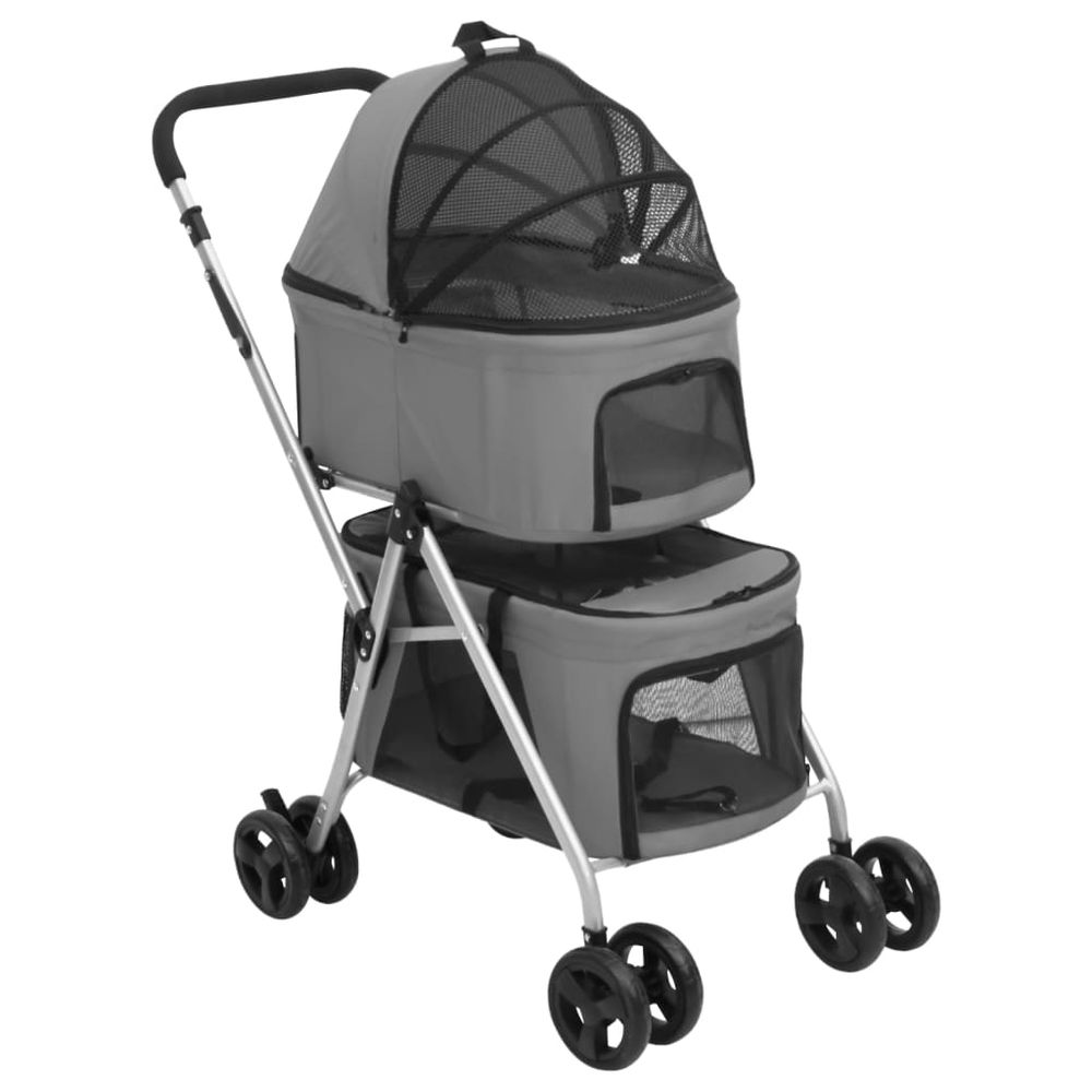Poussette chien/chat double à 2 niveaux pliable tissu oxford gris