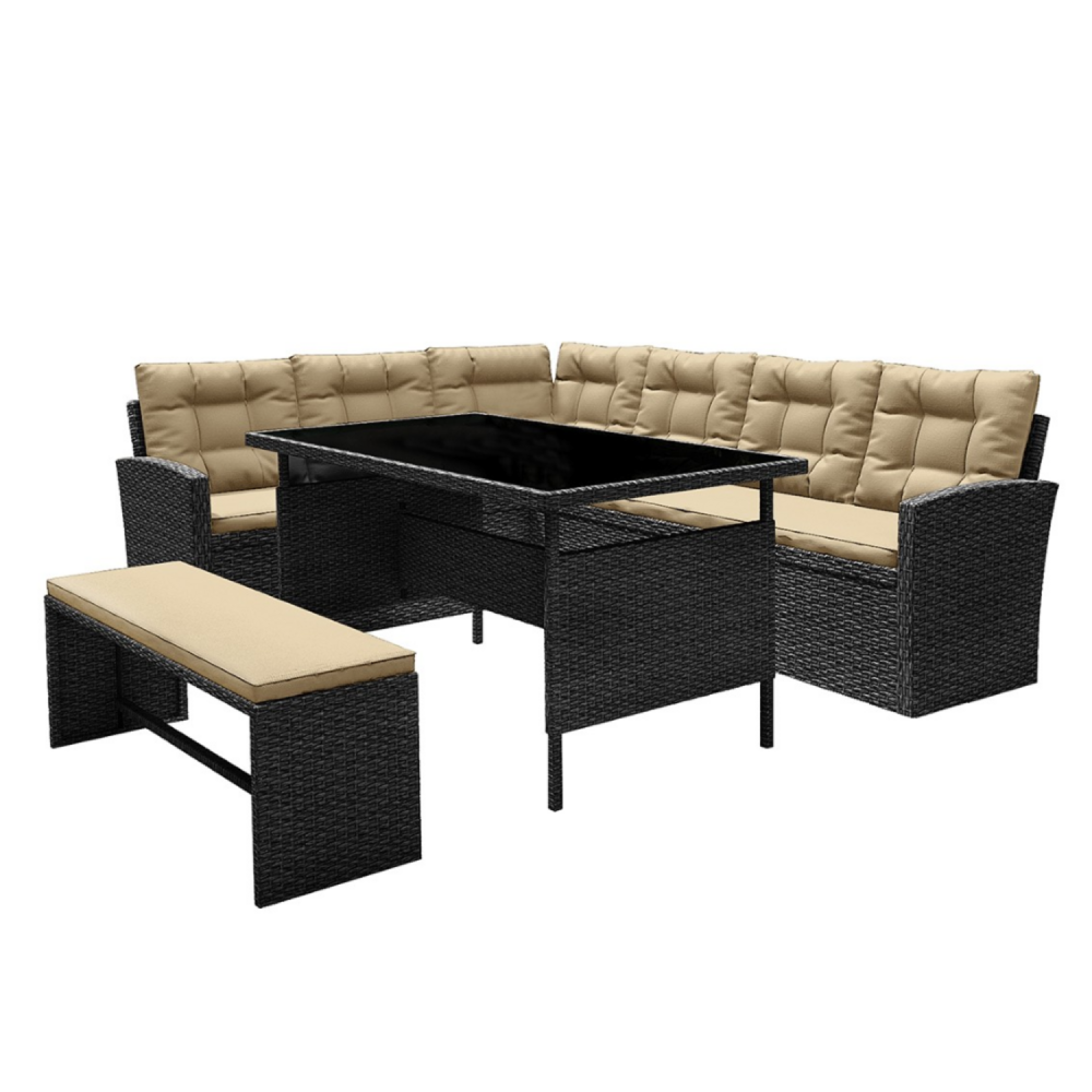 Salon de jardin 8 places résine gris foncé et beige moorea