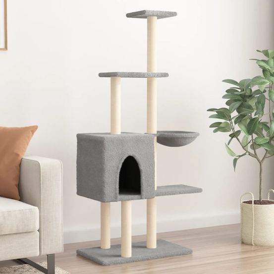 Arbre à chat 145 cm avec niche panier et griffoirs sisal gris clair