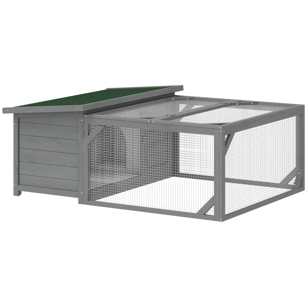 Clapier lapin en bois de sapin gris 125,5 x 100 x 49 cm avec enclos et toit ouvrant
