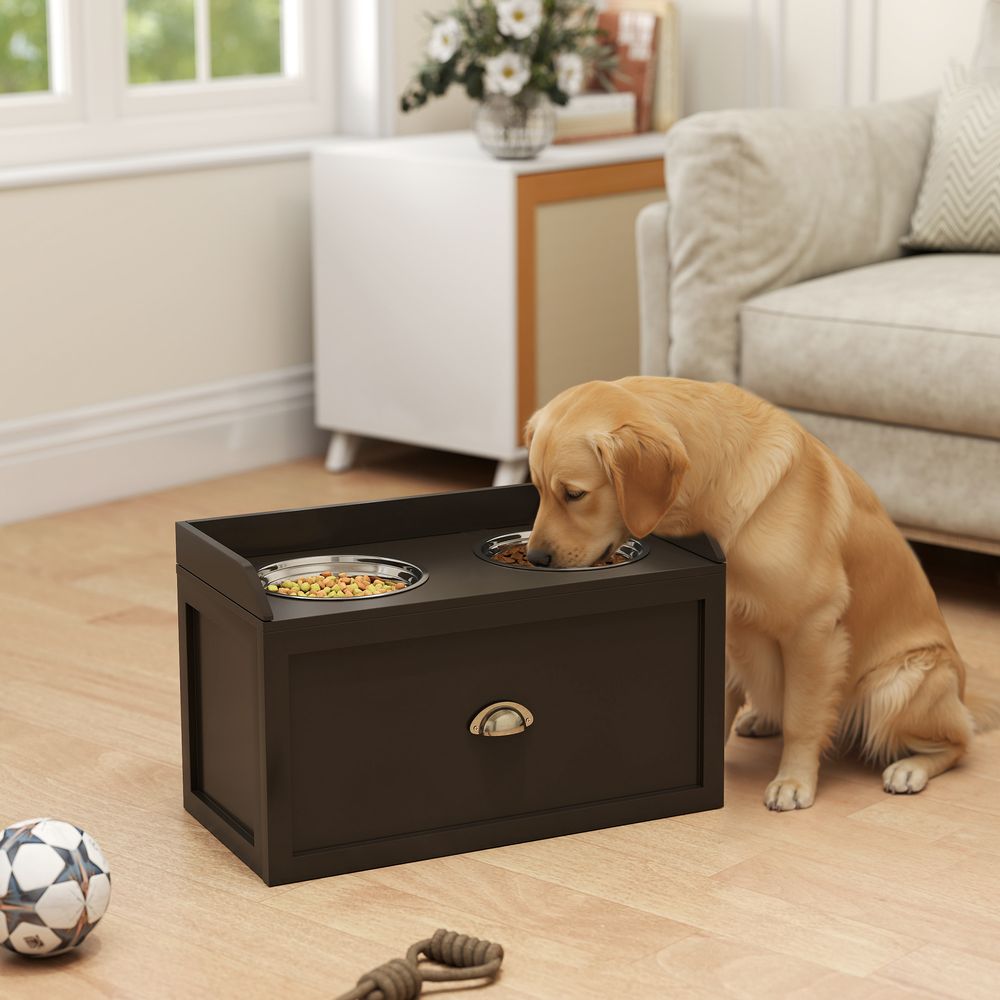 Station repas surélevée pour grand chien mdf et inox 60 x 30 x 36 cm brune avec 2 gamelles et tiroir 21 l
