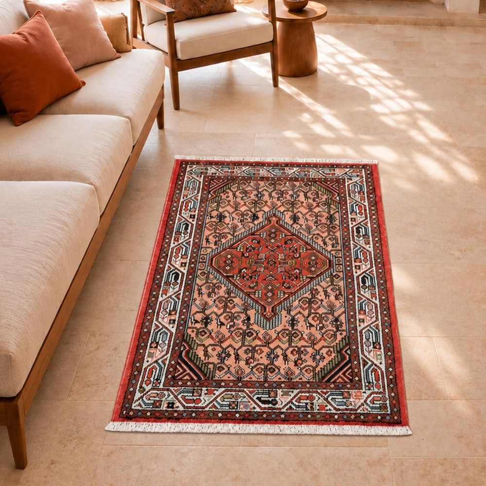 Tapis d'orient 77 x 127 cm, rose, crème et rouge, laine nouée main, hamadan 29