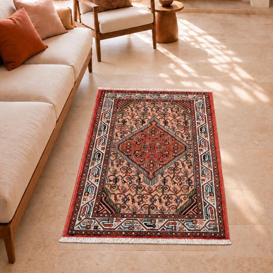 Tapis d'orient 77 x 127 cm, rose, crème et rouge, laine nouée main, hamadan 29