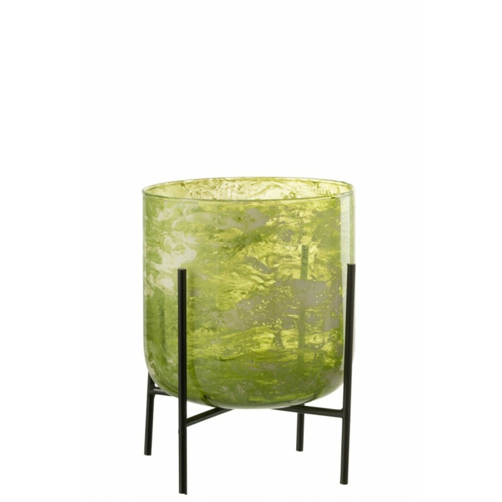 Photophore sur pied acier en verre vert 18x18x20 cm