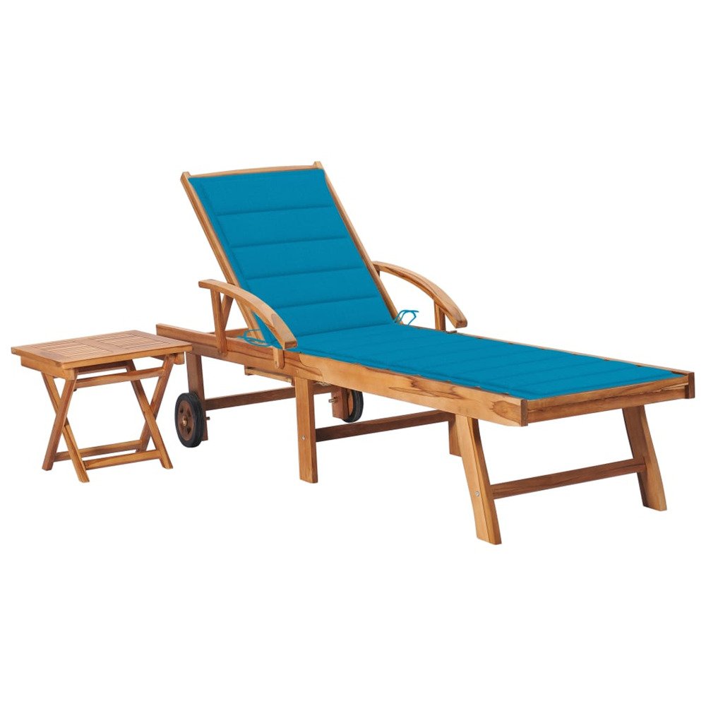 Chaise longue avec table et coussin bois de teck solide bain de soleil