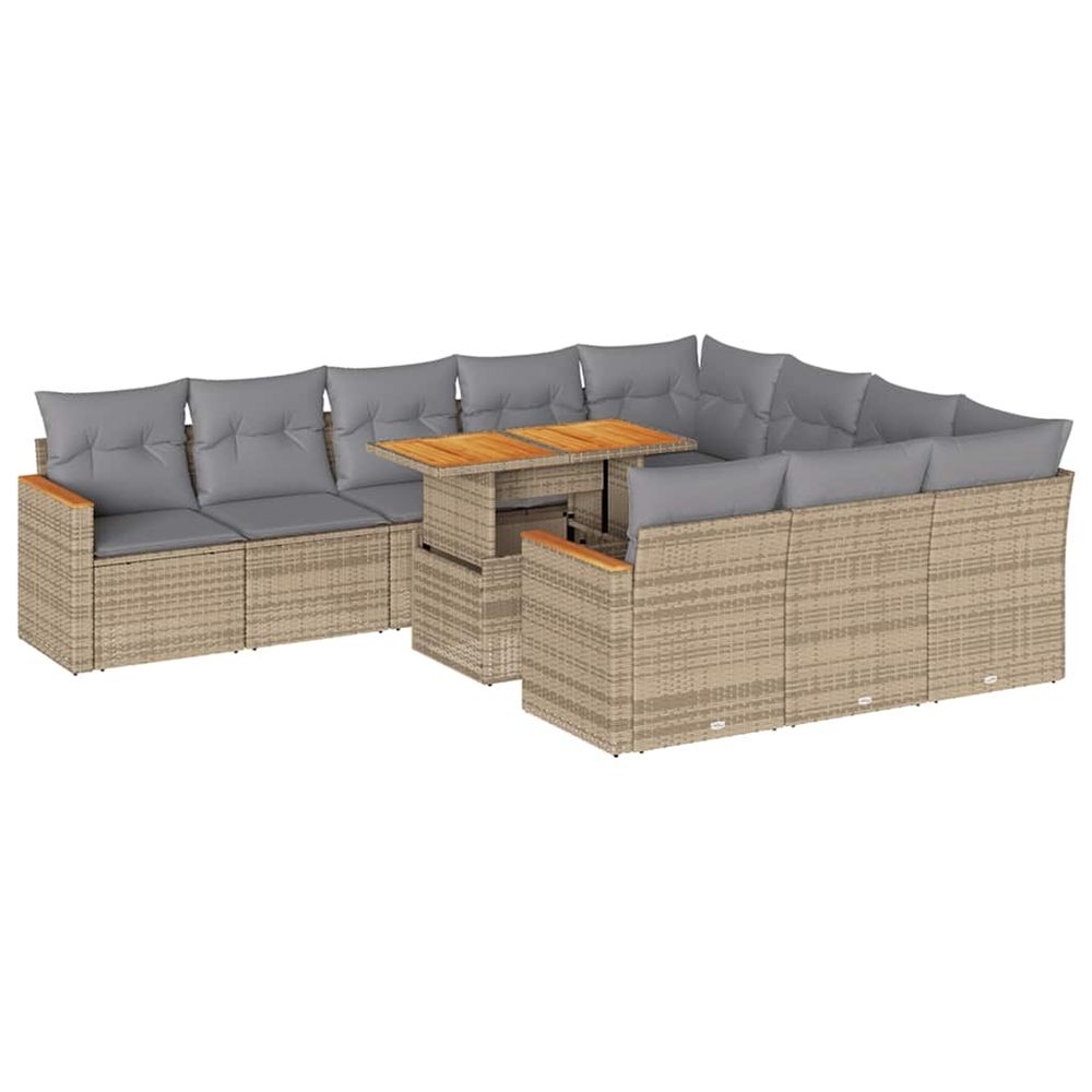 Salon de jardin 11pcs avec coussins beige résine tressée acacia