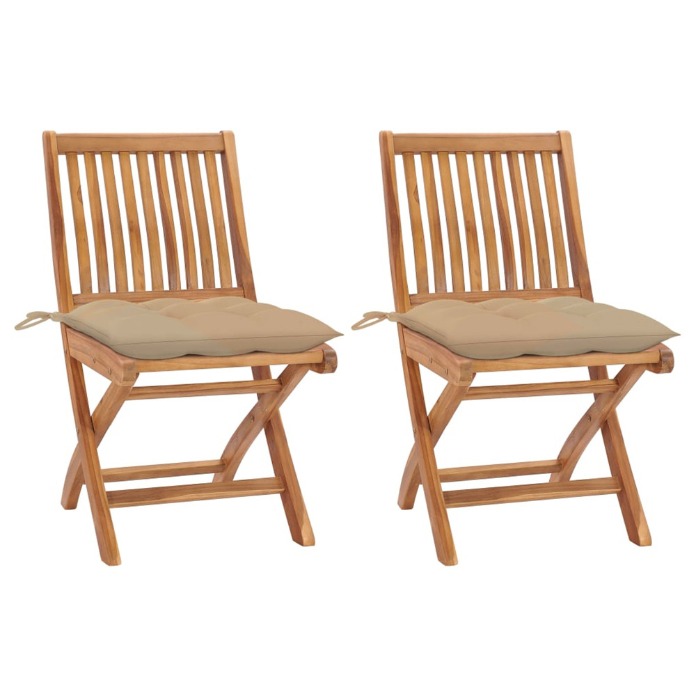 Chaises de jardin lot de 2 et coussins beige bois teck massif