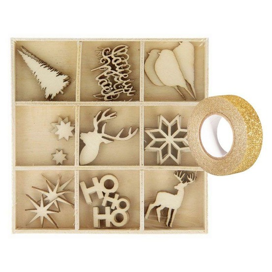 Coffret de 27 mini décorations en bois noël + masking tape doré à paillettes 5 m