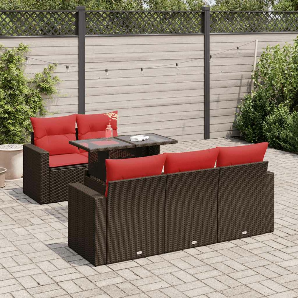 Salon de jardin avec coussins 6pcs marron résine tressée acacia