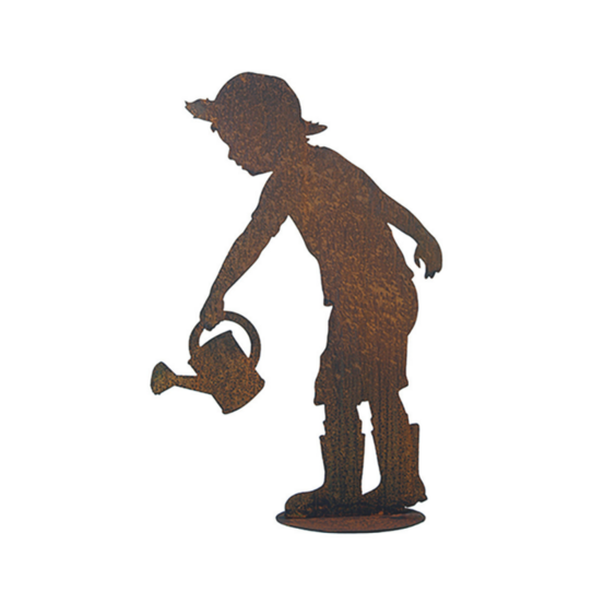 Personnage garçonnet arrosoir métal rouillé : déco jardin - rouille