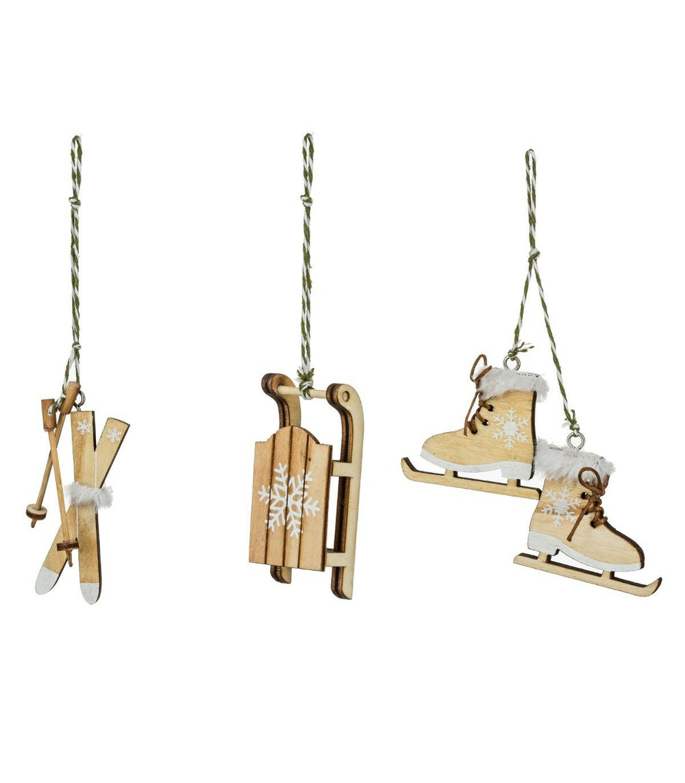 Déco de sapin lot de 3 formes en bois naturel avec fourrure blanche