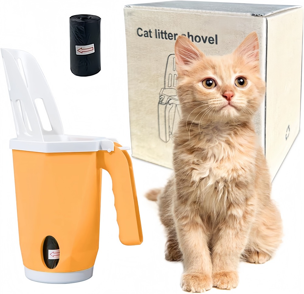 Ramasse - crottes portables pour litière de chat et chien : distribue sacs intégrés avec rouleau sans contact orange taille moyenne