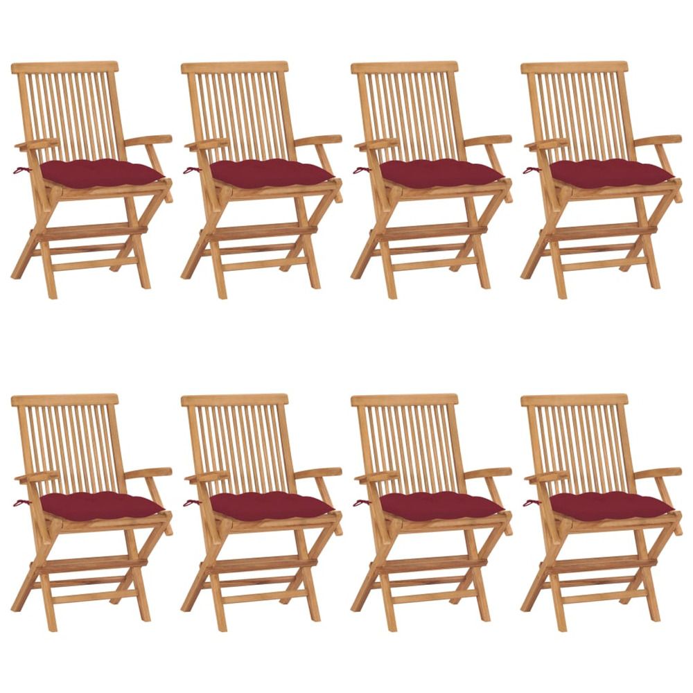 Chaises de jardin avec coussins bordeaux lot de 8 teck massif