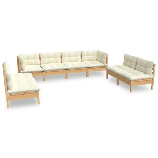Salon de jardin 8 pcs avec coussins crème bois de pin massif