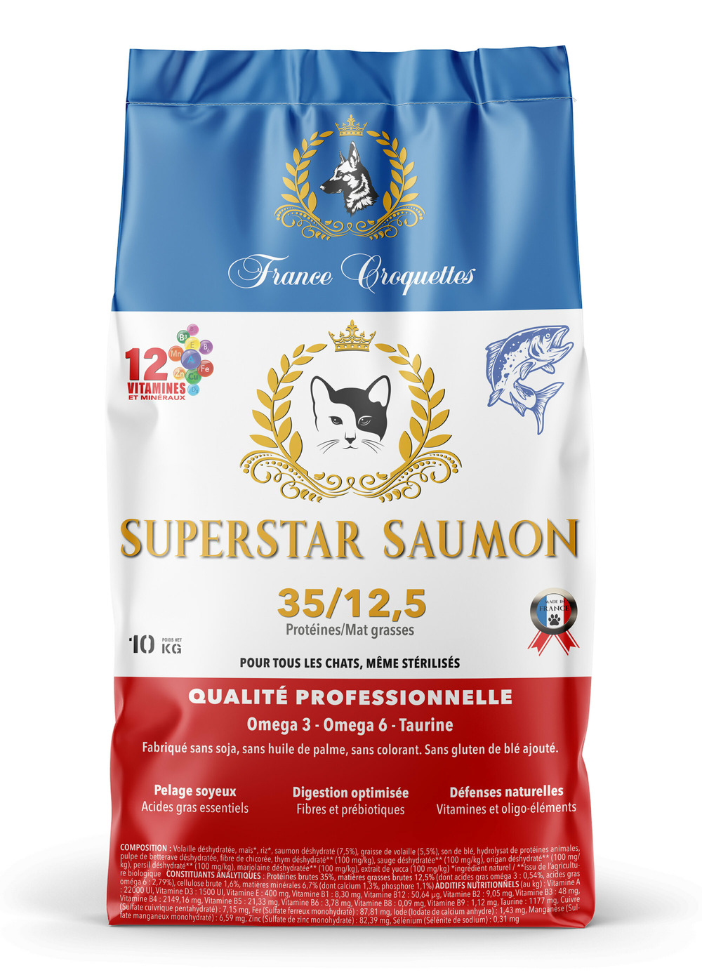 Croquette pour chat adulte super star saumon – 12kg – chat adulte digestion – france croquettes