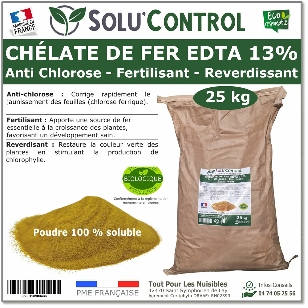 Solu'contrôl chélate de fer edta 13%, anti-chlorose, fertilisant, reverdissant, 25 kg