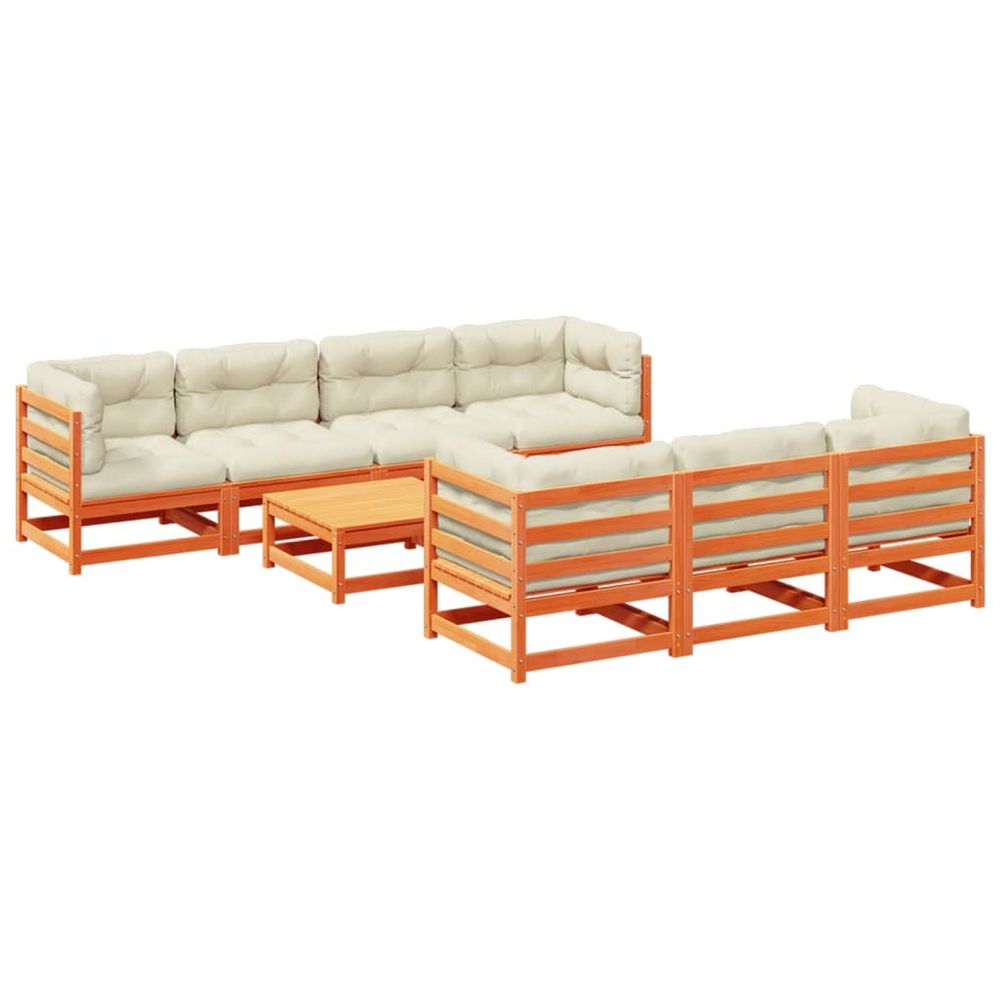 Salon de jardin 8 pcs avec coussins marron cire bois pin massif