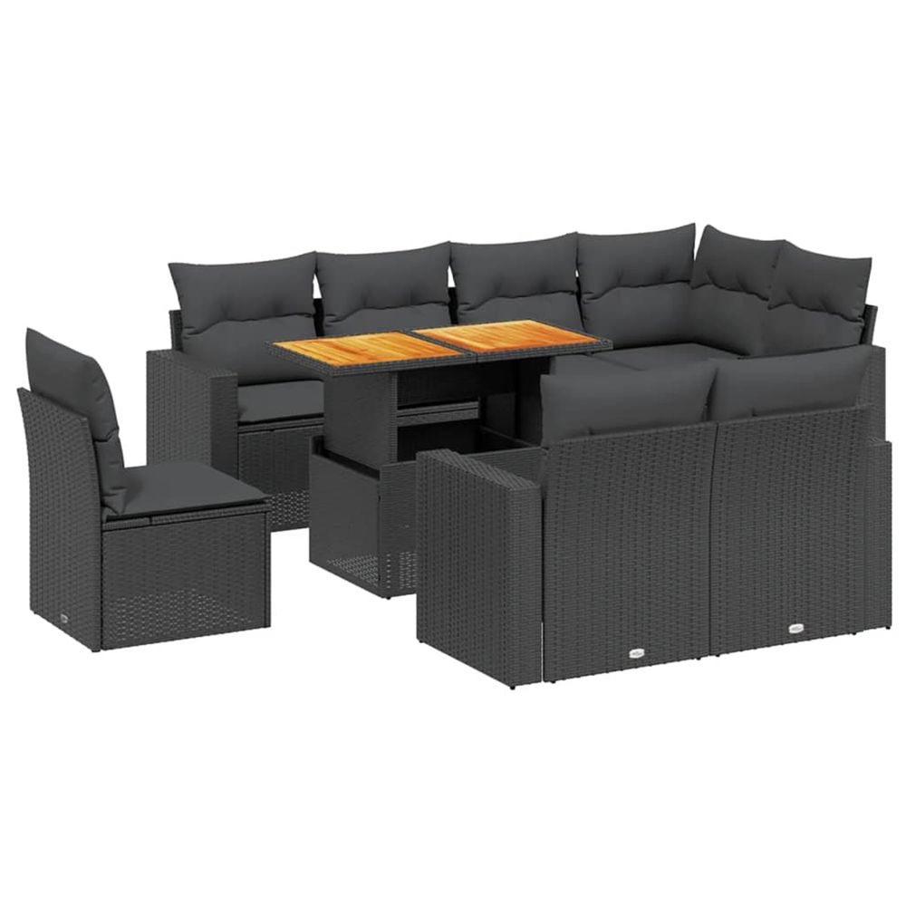 Salon de jardin 9 pcs avec coussins noir résine tressée