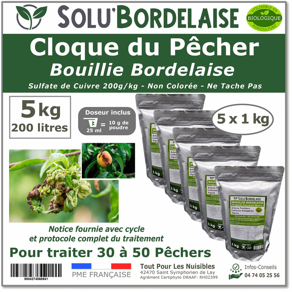 Solu'bordelaise - cloque du pêcher - 5 kg de bouillie bordelaise non colorée - polyvalent-sulfate de cuivre 200 g/kg-doseur inclus
