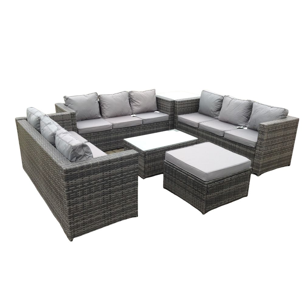 Outdoor rotin garden furniture lounge sofa set avec table basse allongée et table haute latérale avec grand tabouret de pied