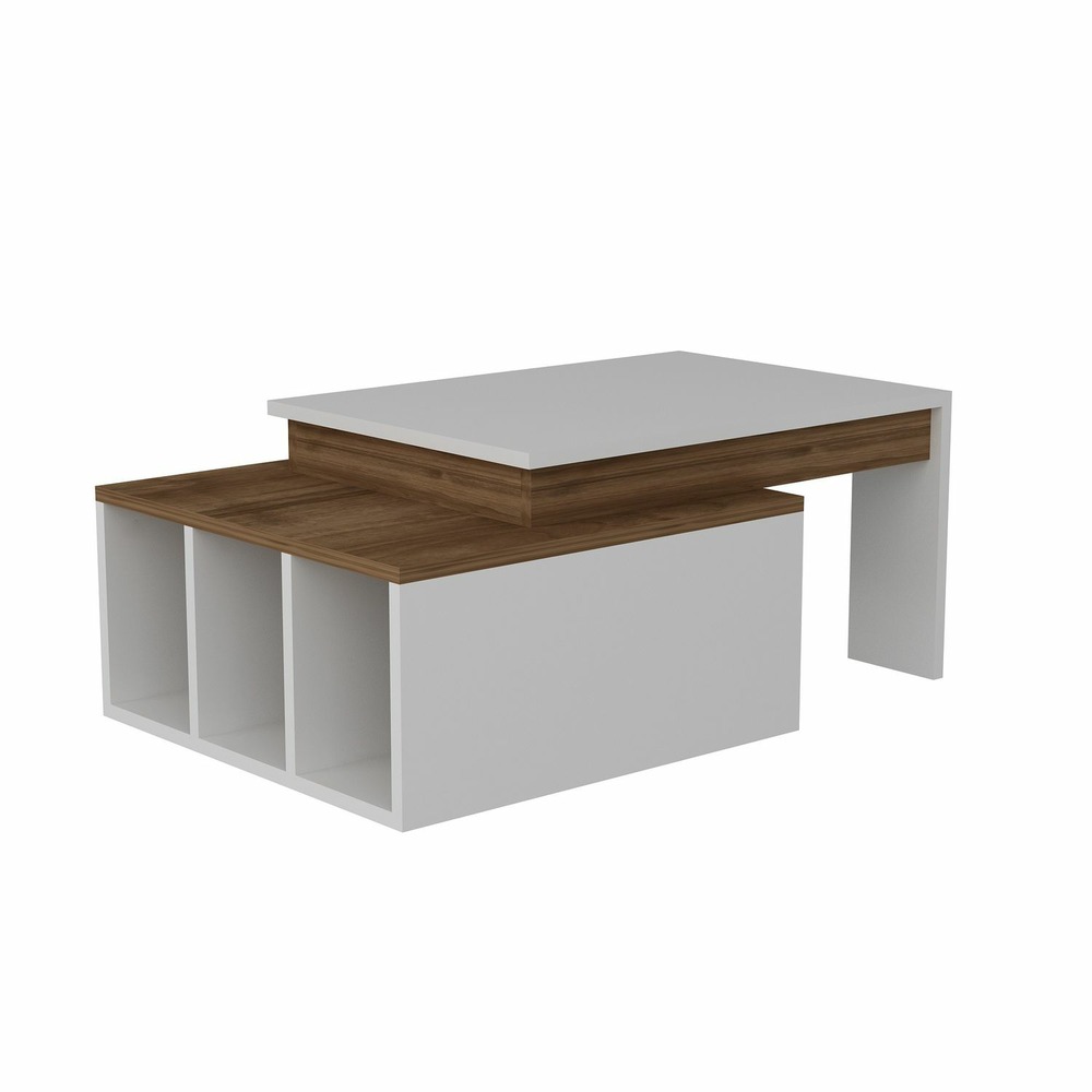 Table basse sur 2 niveaux avec 3 niches de rangement - blanc et marron