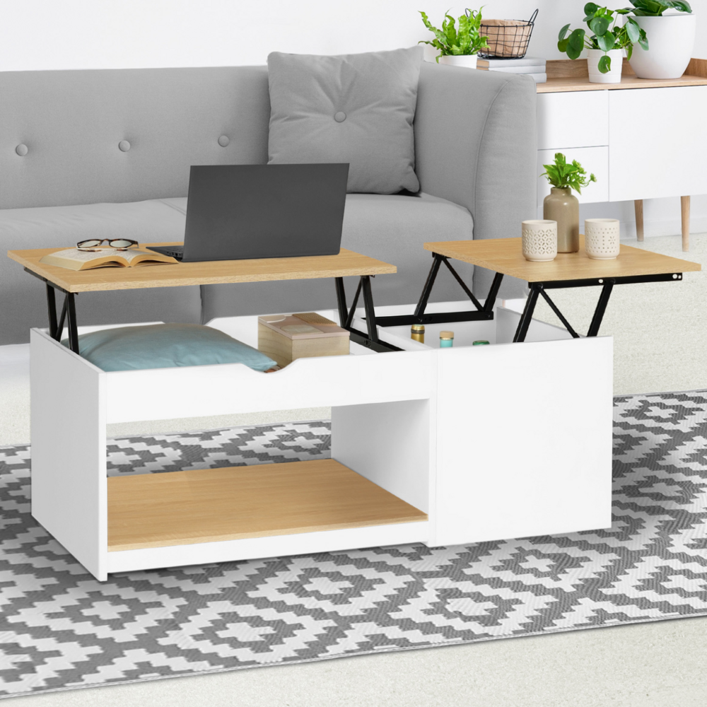Table basse 2 plateaux relevables elea avec coffre bois blanc et façon hêtre
