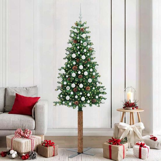 Grand sapin de noël slim 210 cm lumineux, décoration complète incluse pour intérieur/extérieur