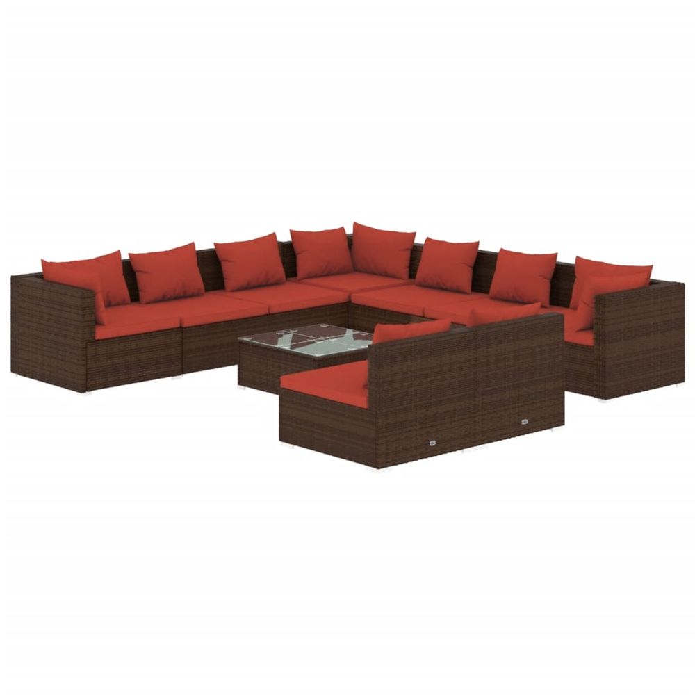 Salon de jardin 10 pcs avec coussins marron résine tressée