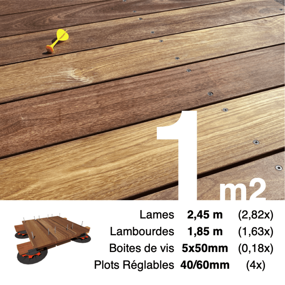 Kit complet terrasse bois exotique cumaru pour 1 m², lames 2,45 m, lambourdes 1,85 m, plots réglables et visserie inox.