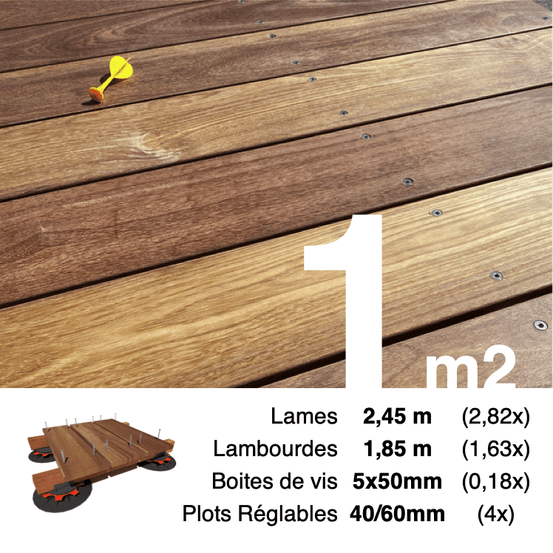 Kit complet terrasse bois exotique cumaru pour 1 m², lames 2,45 m, lambourdes 1,85 m, plots réglables et visserie inox.