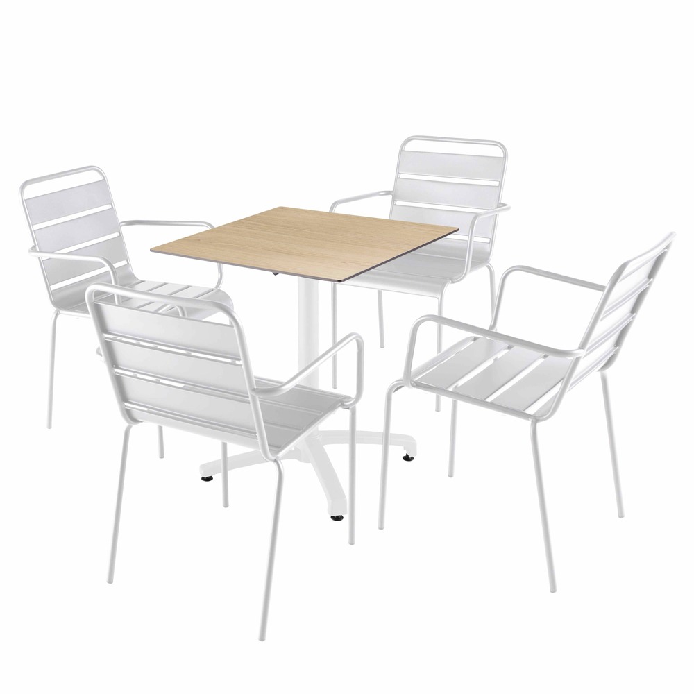 Ensemble table 70 cm chêne naturel et 4 chaises en métal blanc
