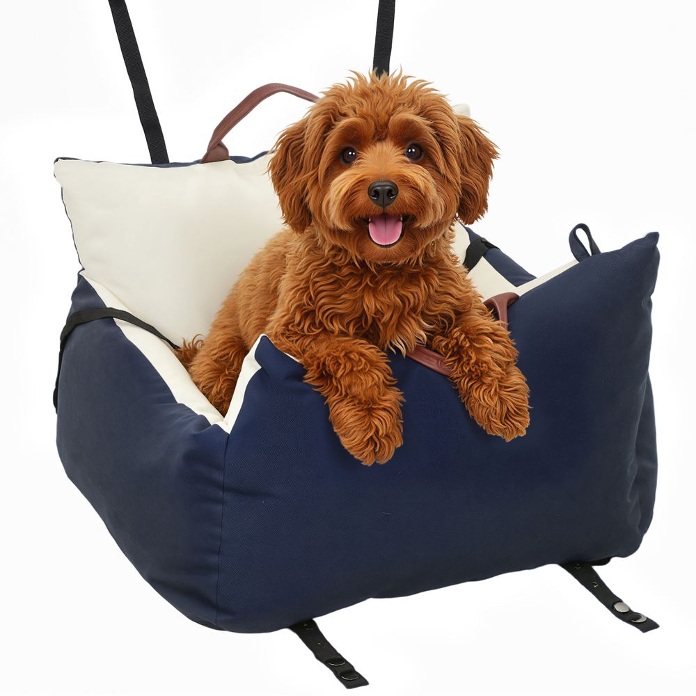 Siège auto chien toile de coton voyage voiture coussin moelleux 53x49x36cm bleu marine