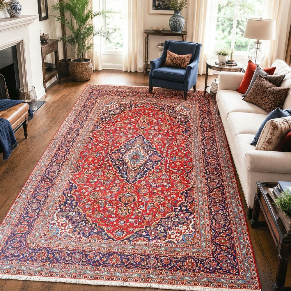 Tapis d'orient, 248 x 350 cm, rouge, beige et bleu, noué à la main, ardakan 7