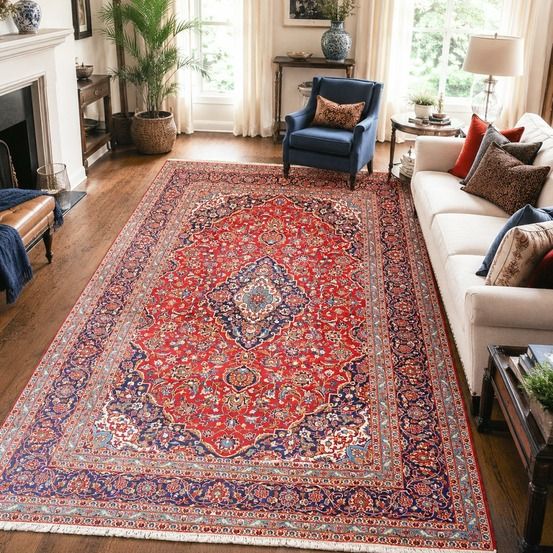 Tapis d'orient, 248 x 350 cm, rouge, beige et bleu, noué à la main, ardakan 7