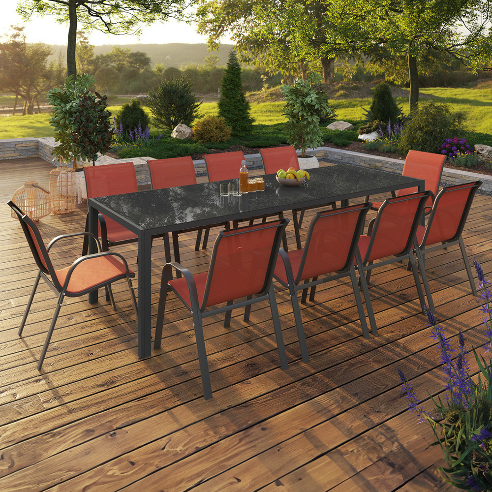 Salon de jardin madrid table 240 cm et 10 chaises empilables terracotta