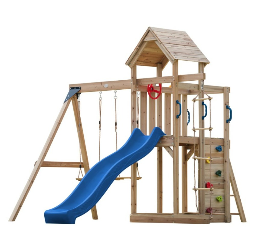 Portique moos 2 balançoires + échelle toboggan bleu