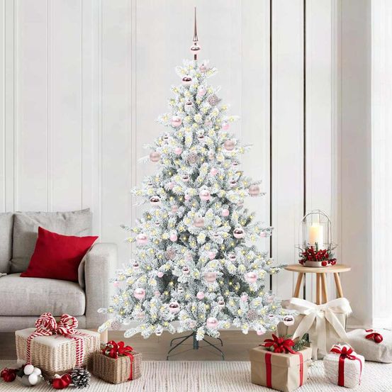 Arbre de noël artificiel blanc 180 cm, prêt à décorer avec 300 led et set de 120 boules