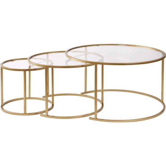 Ensemble de 3 tables gigognes rondes en métal et verre aurum doré verre transpar